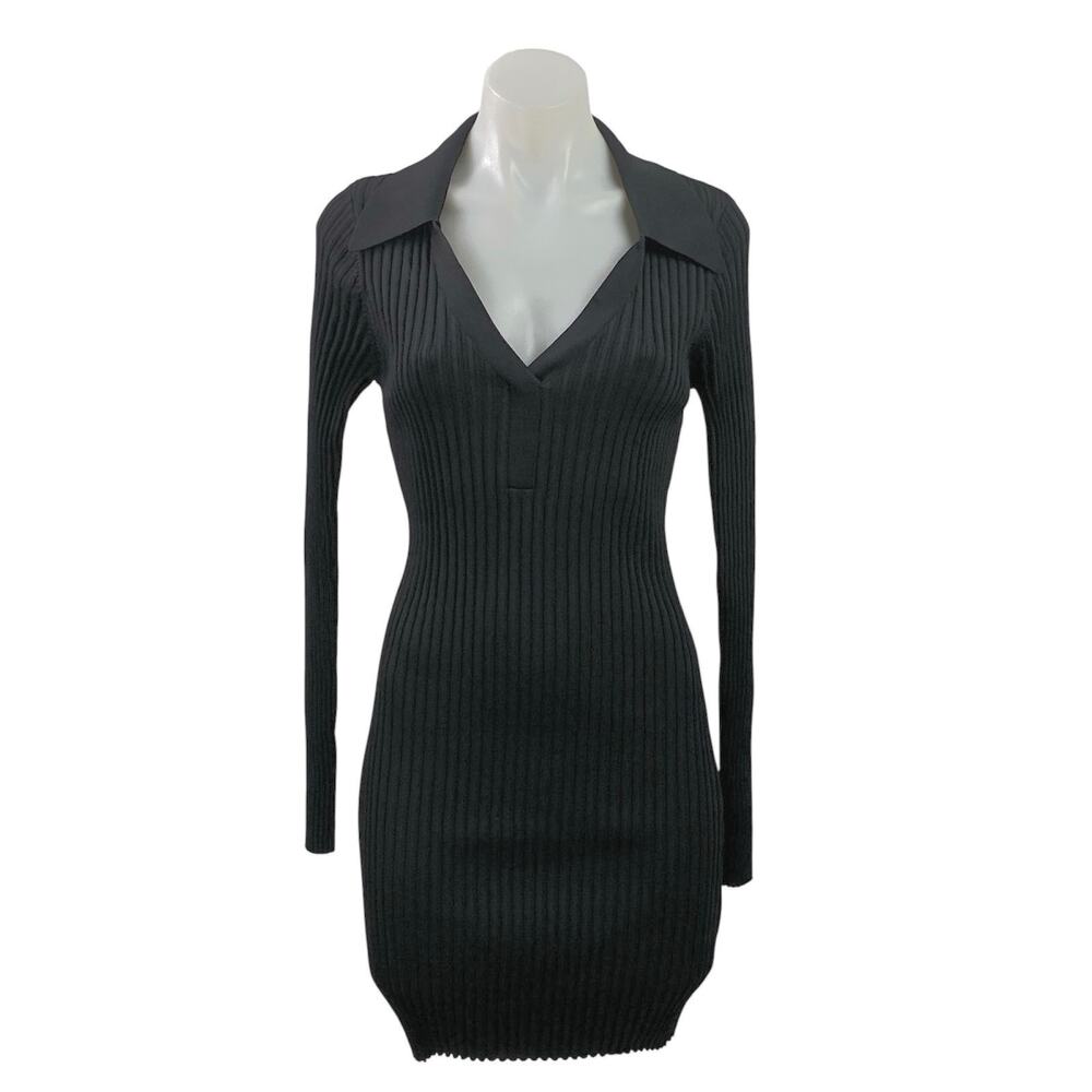 Solid & Striped Black Long Sleeve V Neck Ribbed Knit Mini Bodycon Dress Size M